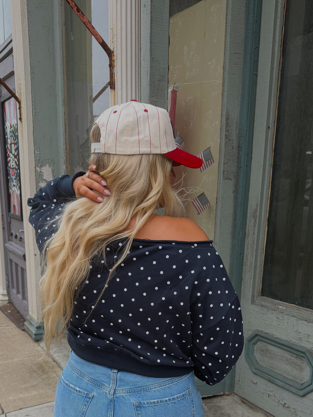 PEBBY POLKA DOT OFF THE SHOULDER CREW