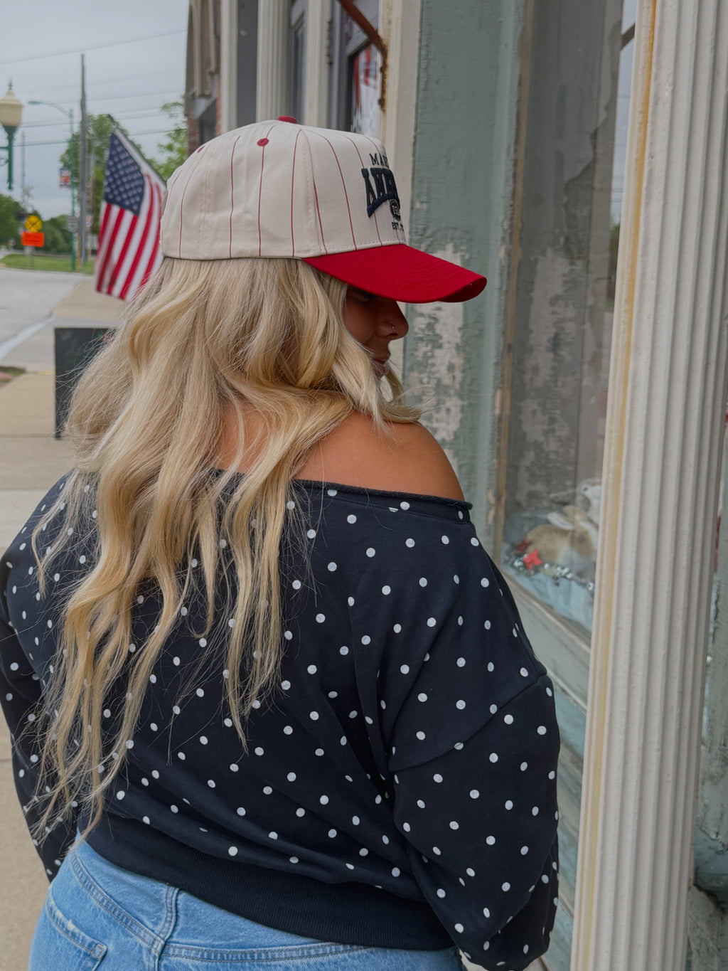 PEBBY POLKA DOT OFF THE SHOULDER CREW