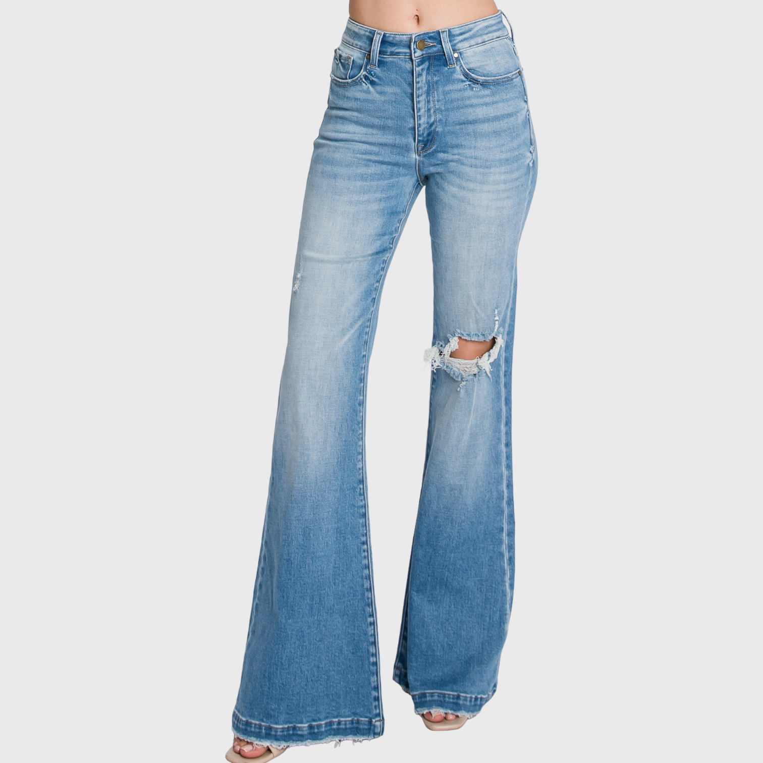 BELLE DISTRESSED HIGH RISE 70'S INSPIRED FLARE JEANS
