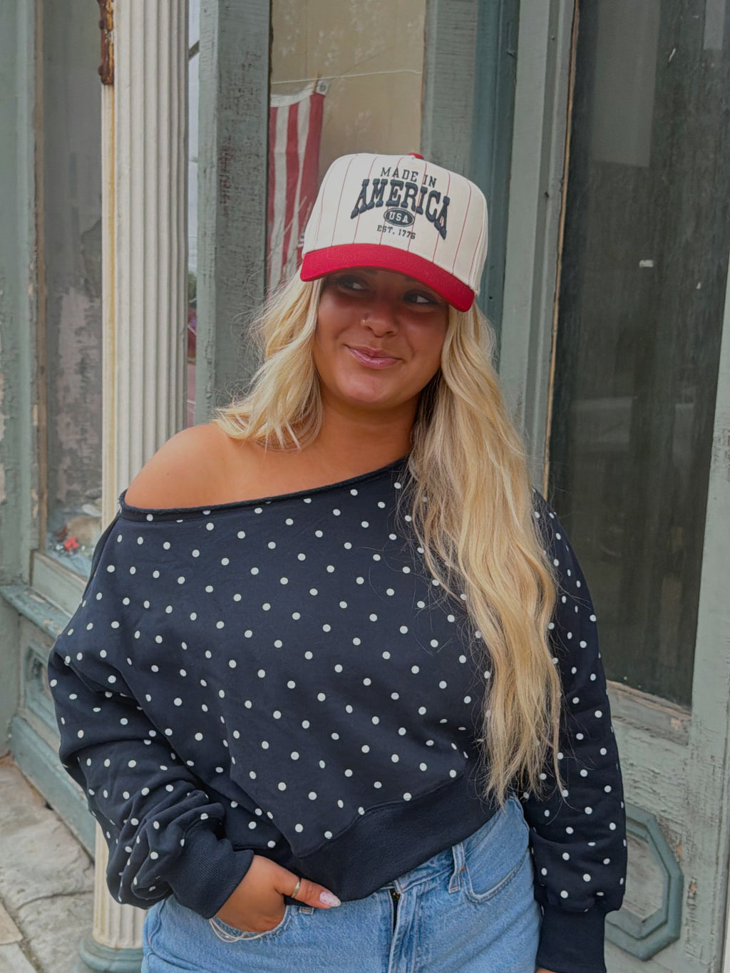 PEBBY POLKA DOT OFF THE SHOULDER CREW