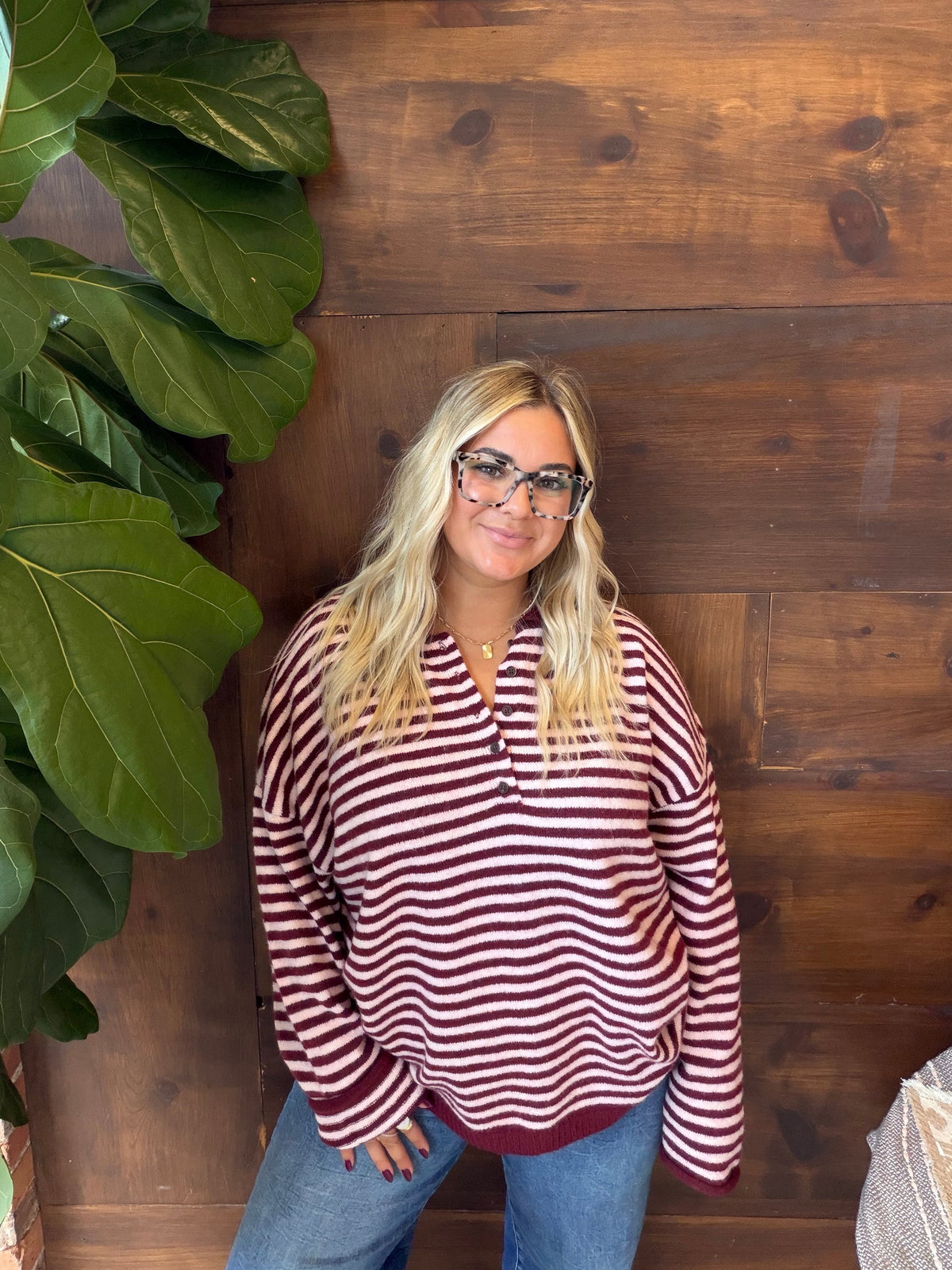 BEY & BEE HENLEY LONG SLEEVE SWEATER