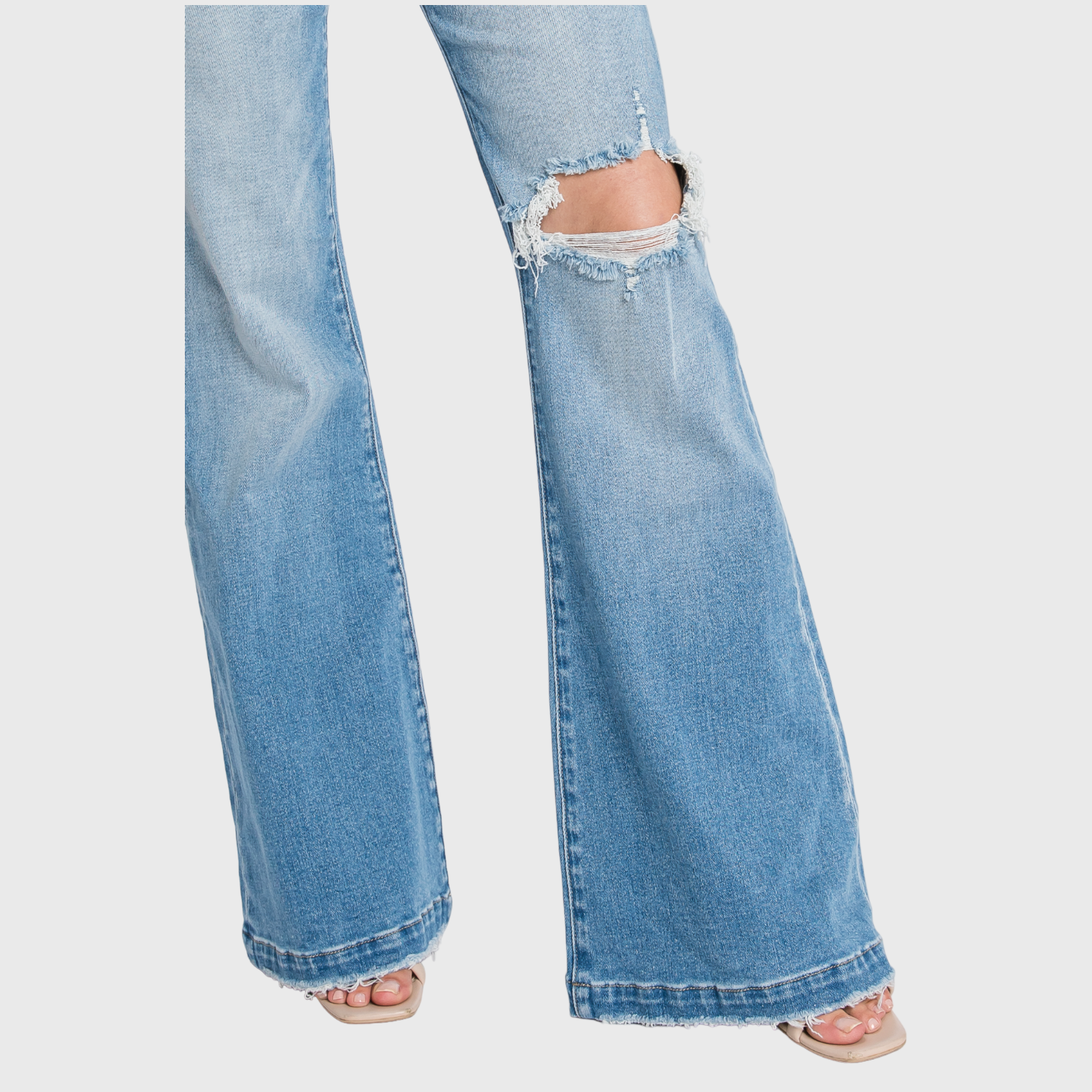 BELLE DISTRESSED HIGH RISE 70'S INSPIRED FLARE JEANS
