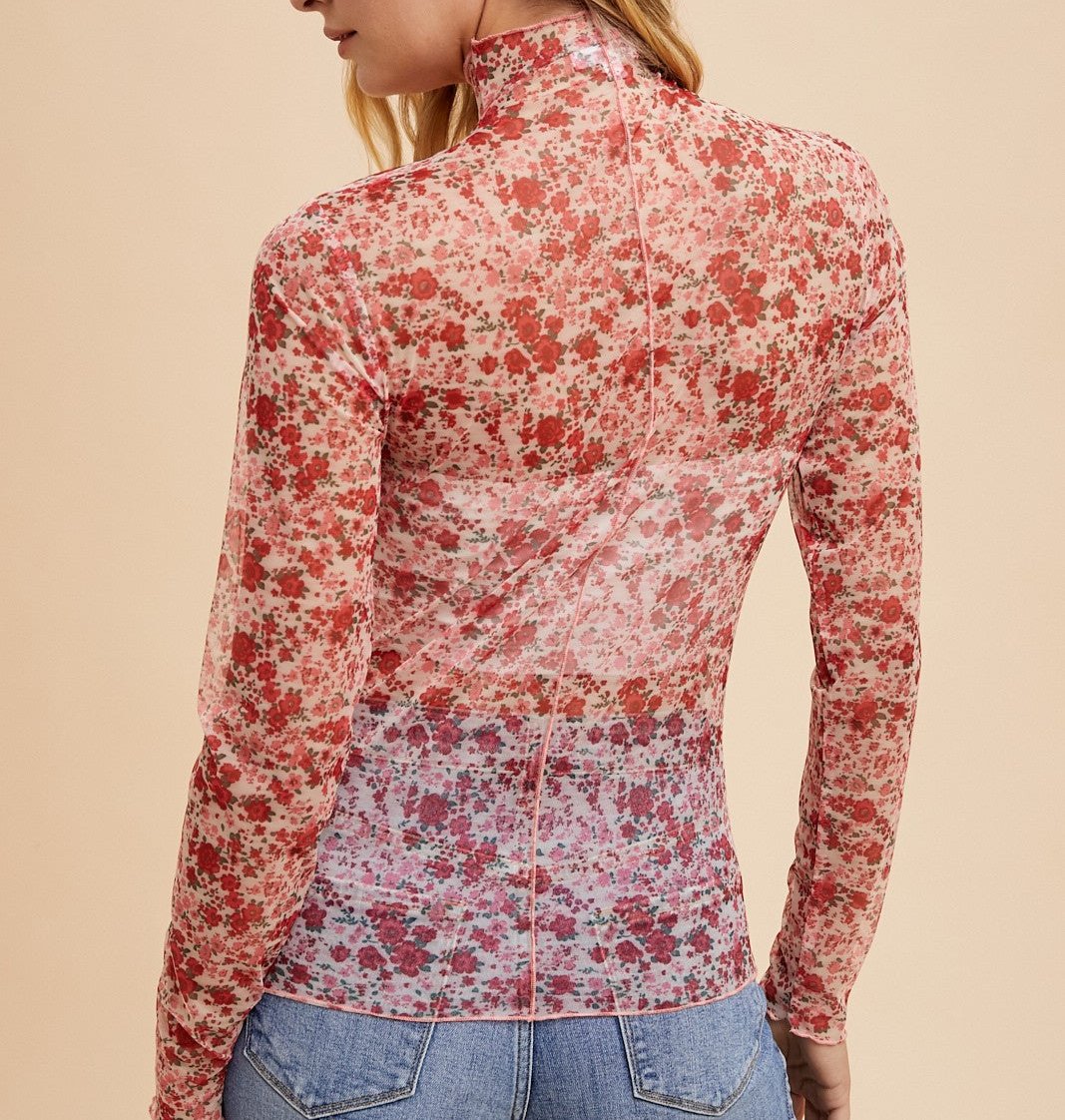 FAYE FLORAL MESH MOCK NECK TOP