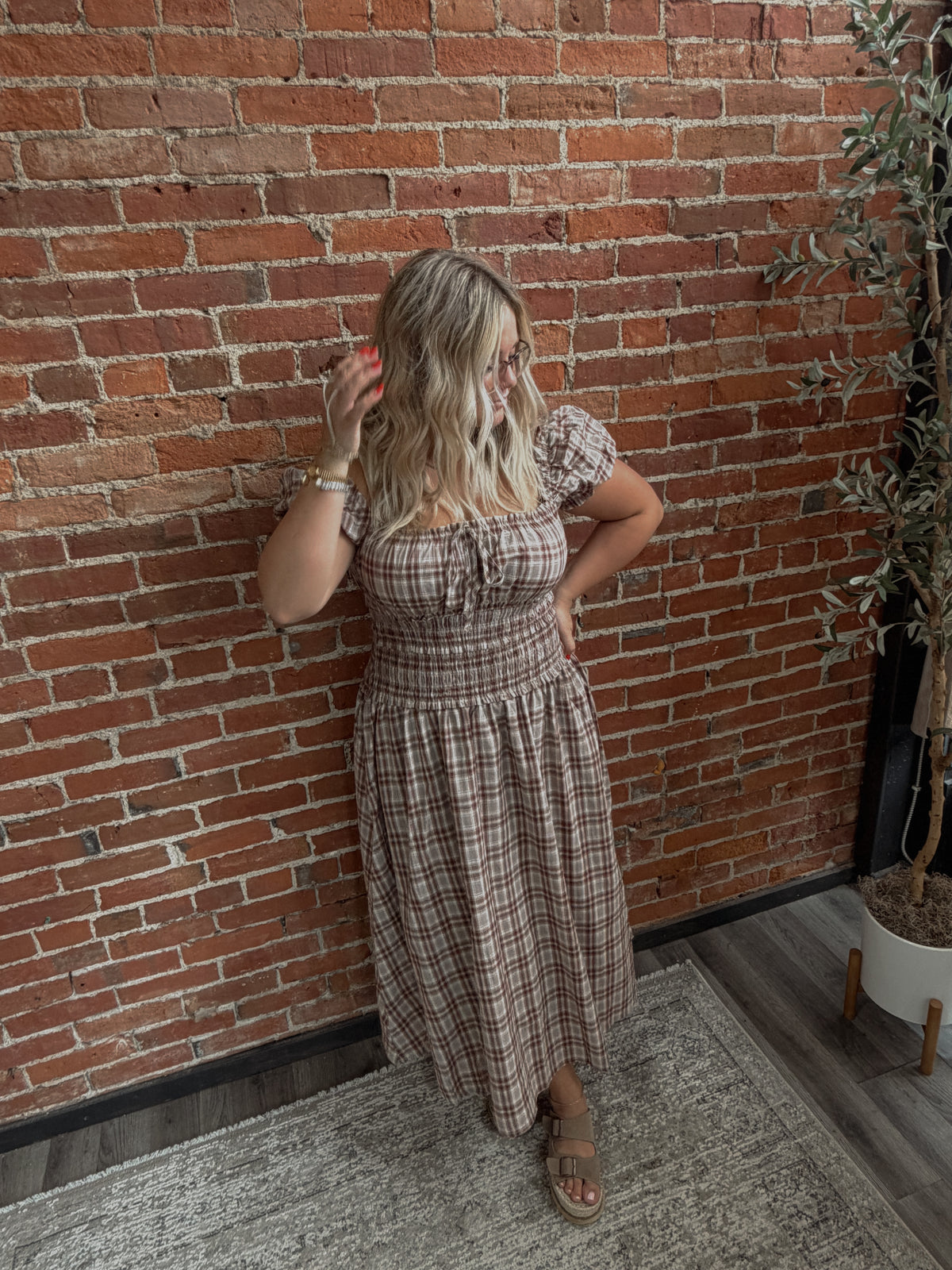 PLAID & PLAYED SMOCKED WAIST MIDI DRESS