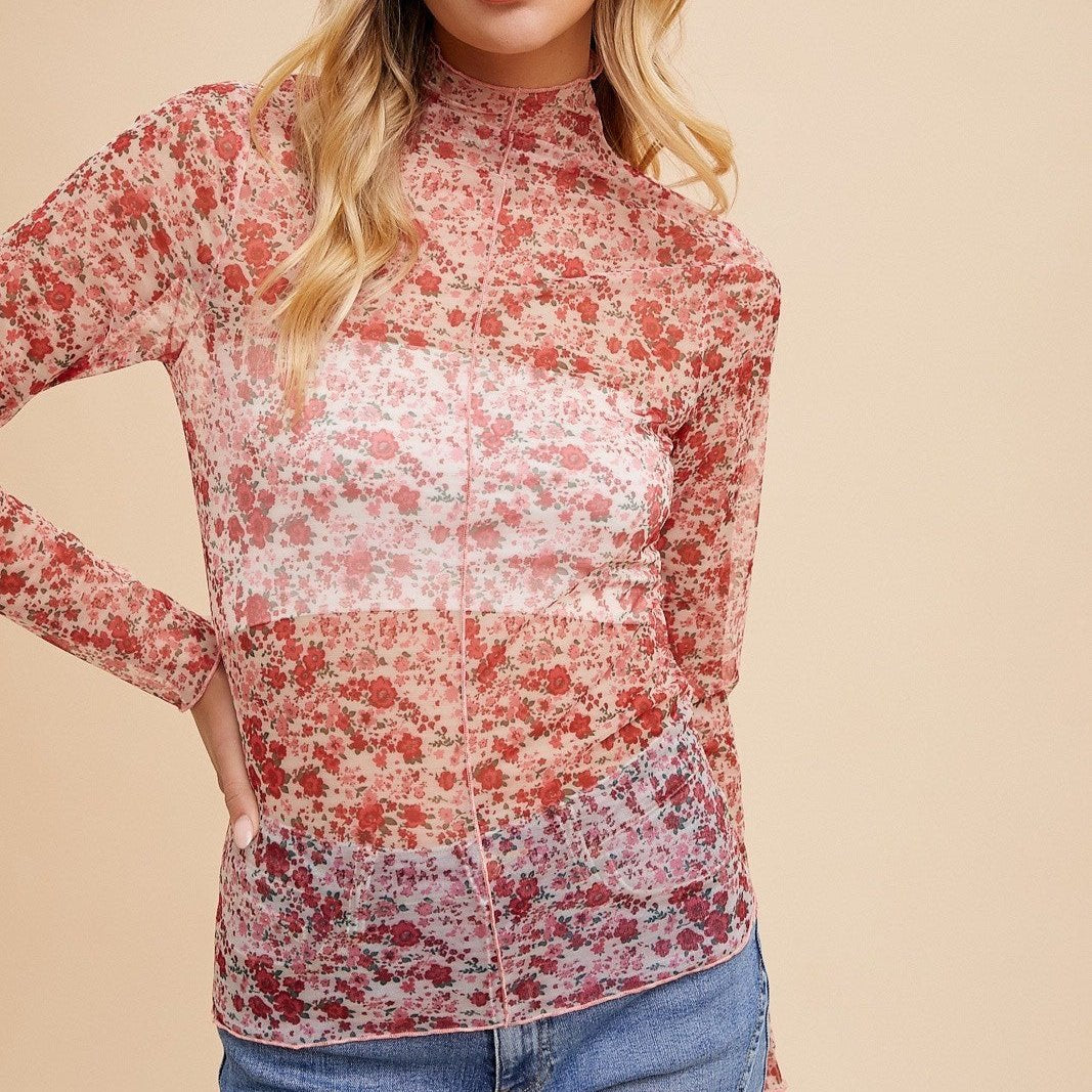 FAYE FLORAL MESH MOCK NECK TOP