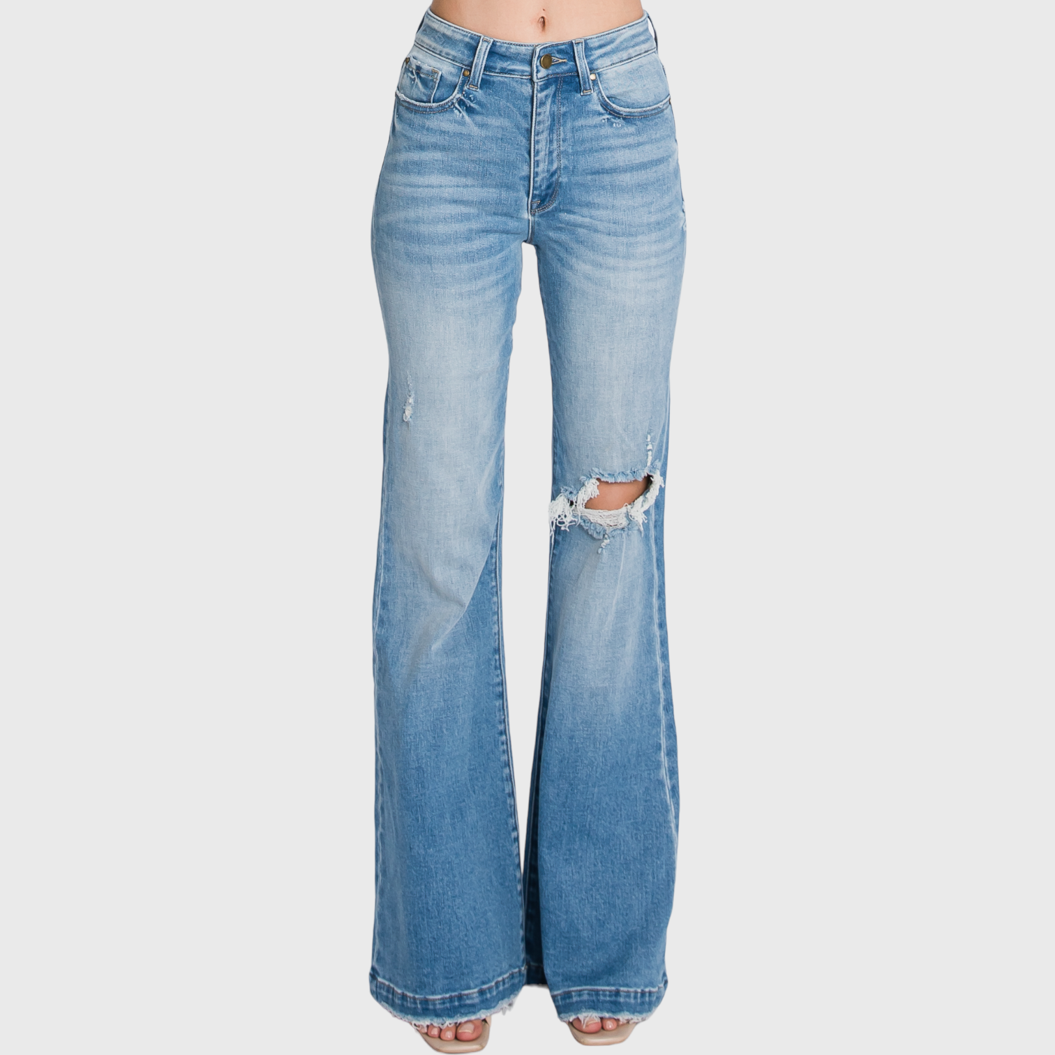BELLE DISTRESSED HIGH RISE 70'S INSPIRED FLARE JEANS