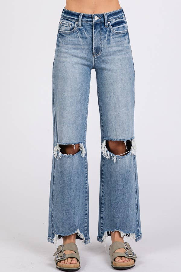 ELARA HIGH RISE STRETCH SLIM WIDE LEG W/ DESTROYED HEM