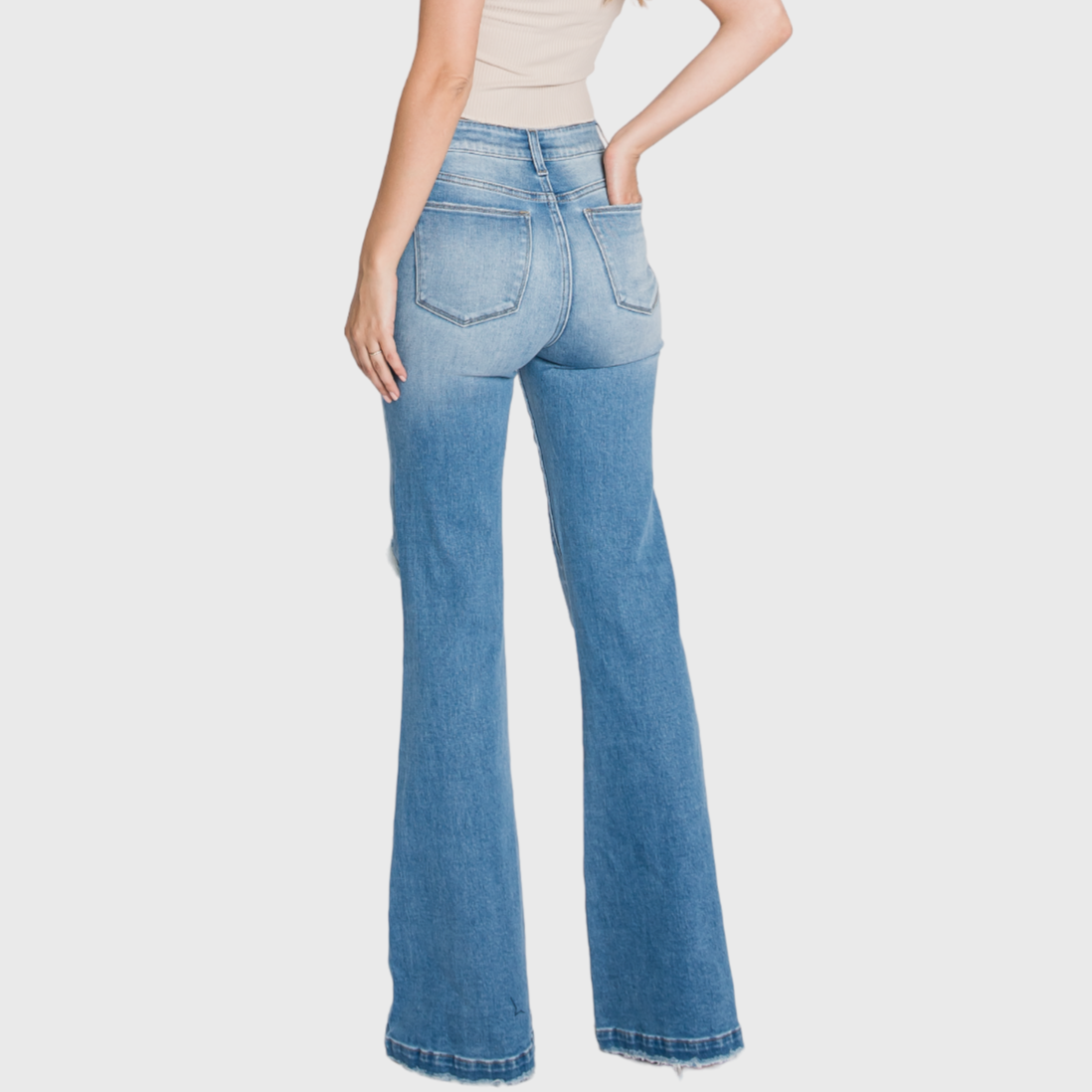 BELLE DISTRESSED HIGH RISE 70'S INSPIRED FLARE JEANS